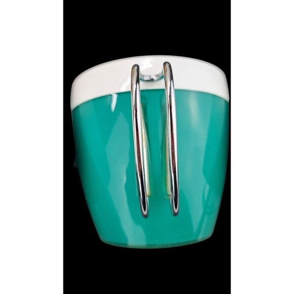 Vintage Mint Green Thermo Serv Mugs NFC White Floral Chrome Wire Handle MCM Teal - Picture 6 of 15